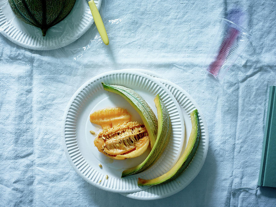 Melon Peel And Pulp On Paper Plates Photograph by Stefan Thurmann