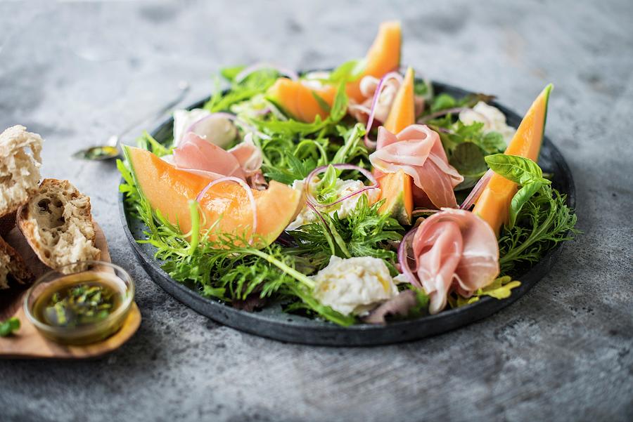 Melon, Smoked Ham And Mozzarella Salad Photograph by Thys