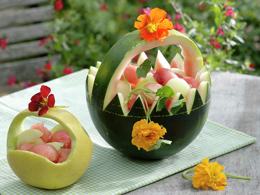 Melons Carved As Baskets For Fruit Salad Photograph by Friedrich Strauss