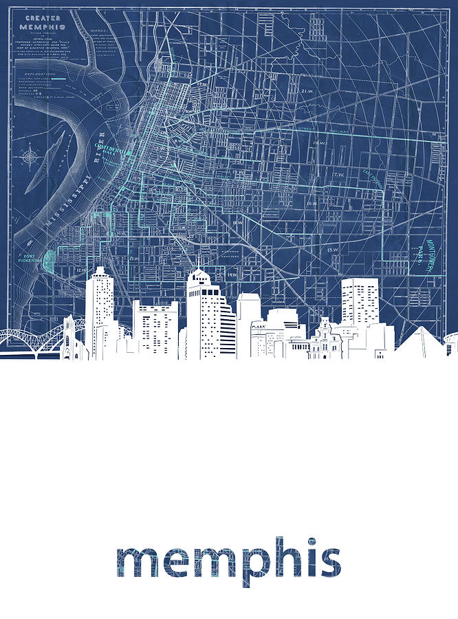 Memphis Skyline Map Blue Digital Art