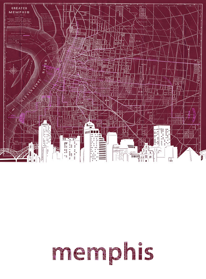Memphis Skyline Map Red Digital Art