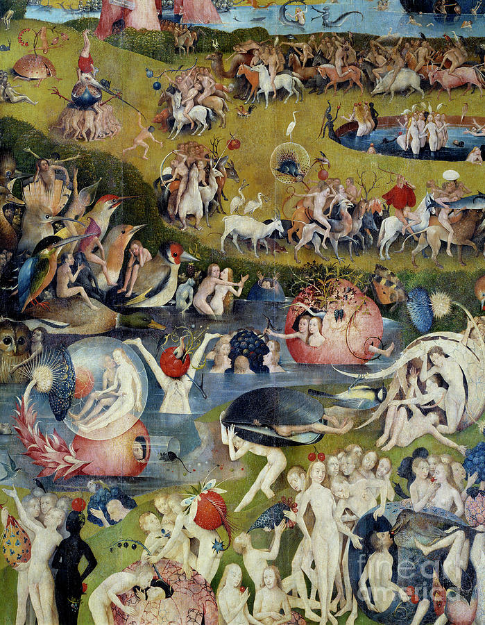 Men And Women Enjoying The Delights Of Earth Detail Of The Central Part Of The Tryptic Painting by Hieronymus Bosch