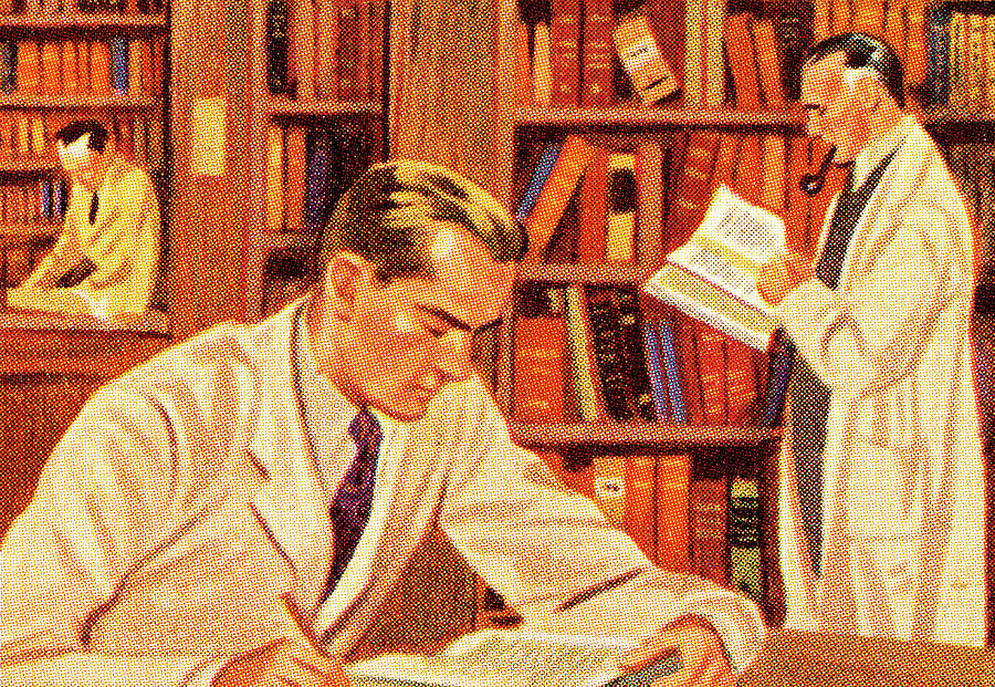 Vintage Drawing - Men Doing Research in Library by CSA Images