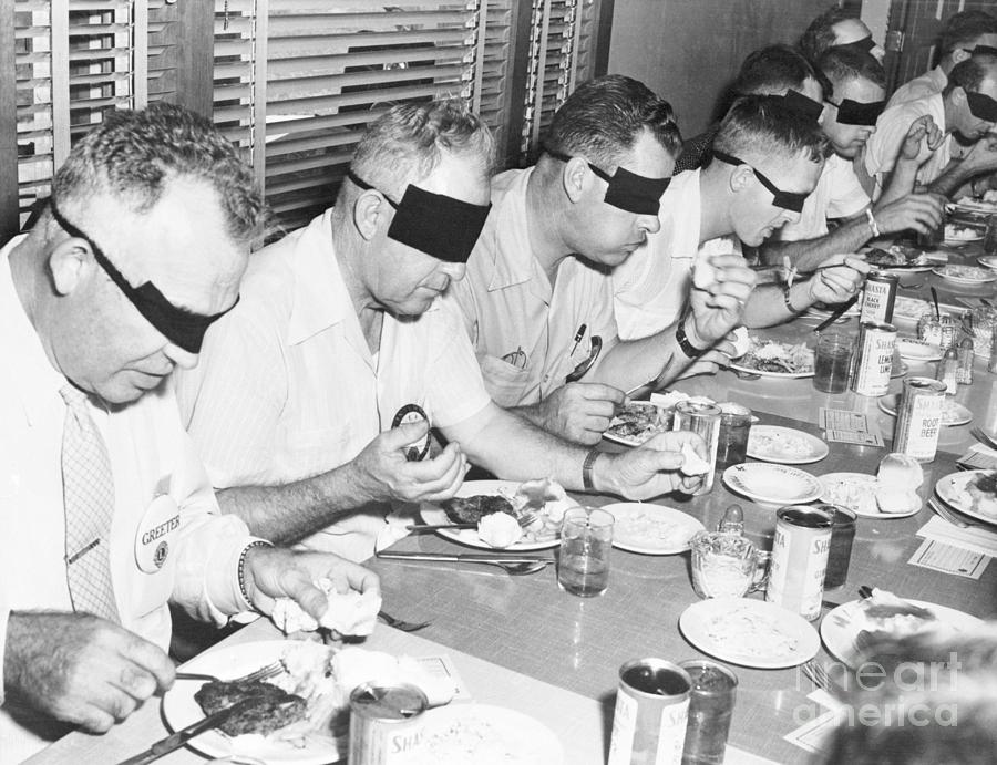 Men Eating Lunch Blindfolded Photograph by Bettmann