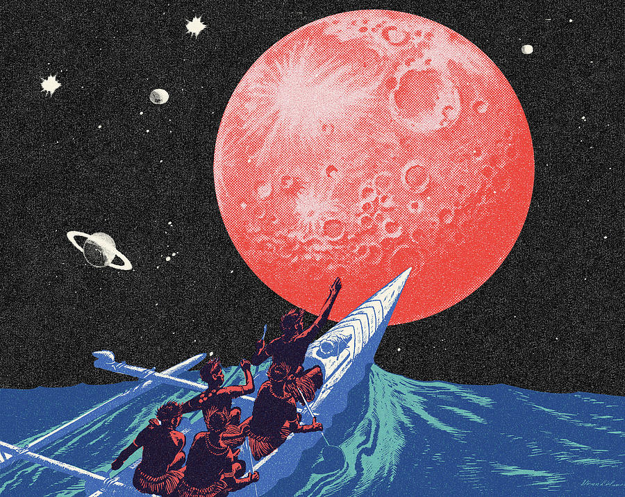 Science Fiction Drawing - Men in an Outrigger Seeing a Giant Full Moon by CSA Images