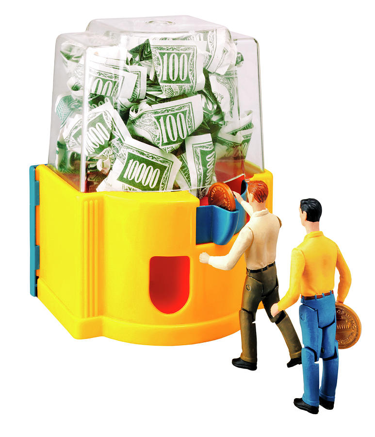 Candy Drawing - Men Putting Coins into Money Machine by CSA Images