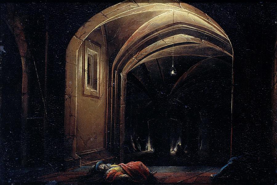 Men Sleeping in a Room with lighted Arches. Painting by Hendrik van Steenwijck -I- -possibly- Hendrik van Steenwijck -II- -possibly-