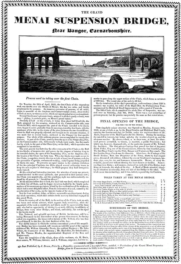 Menai Suspension Bridge, Wales, C1826 Drawing by Print Collector