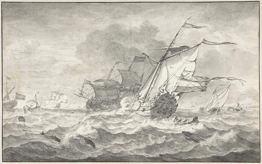 Ships Drawing - Merchant Ships And Smaller Sailing Boats In A Strong by Hendrick Rietschoof