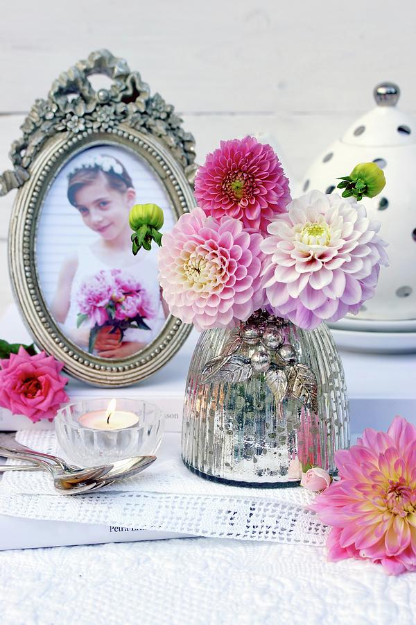 Mercury Glass Vase And Pink Dahlias On Lace Doily And Photo Of Girl In Antique Picture Frame Photograph by Angelica Linnhoff