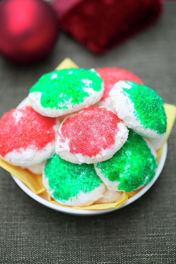 Meringue Bites With Green And Red Sugar Decoration Photograph by Food Experts Group