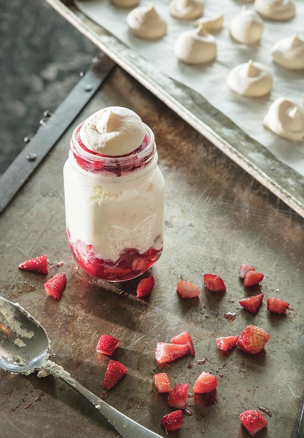 Meringue Dessert Served With Strawberries In A Jar Photograph by Cindy Haigwood