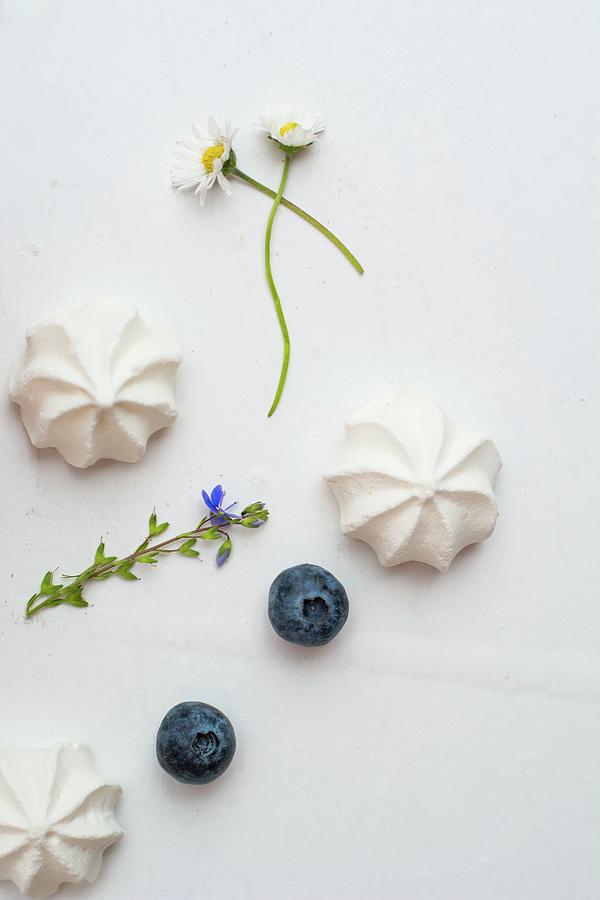 Meringue Gems, Blueberries And Flowers Photograph by Leah Bethmann
