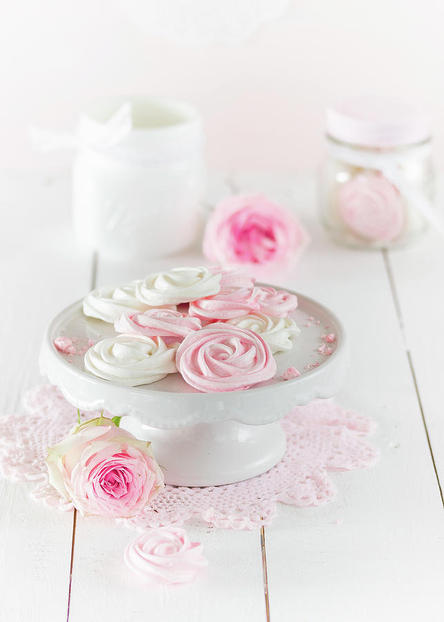 Meringue Rose On A Cake Stand Photograph by Emma Friedrichs