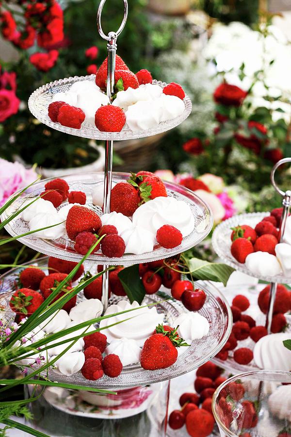 Meringues, Raspberries, Strawberries And Cherries On Cake Stand Photograph by Alexandra Panella