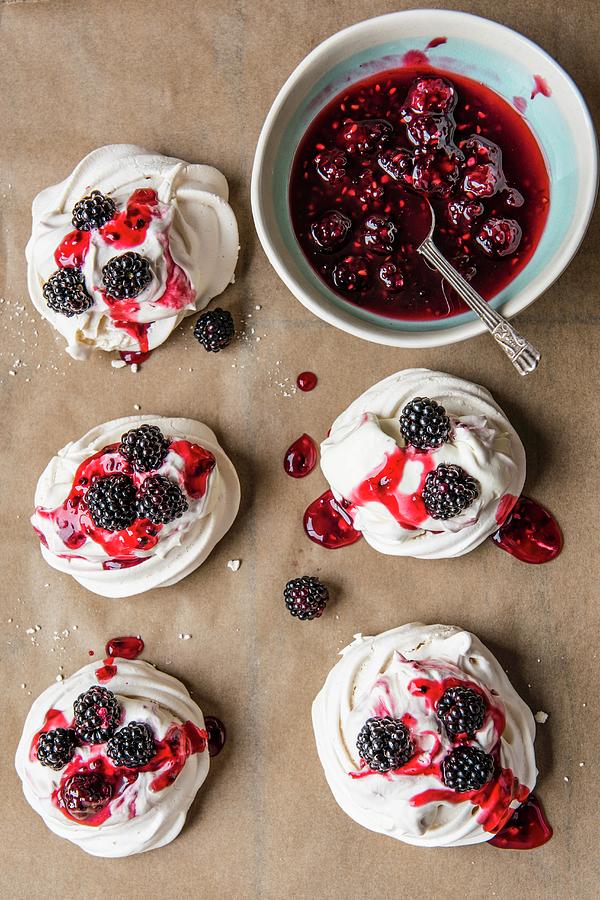 Meringues With Cream And Blackberry Sauce seen From Above Photograph by Magdalena Hendey