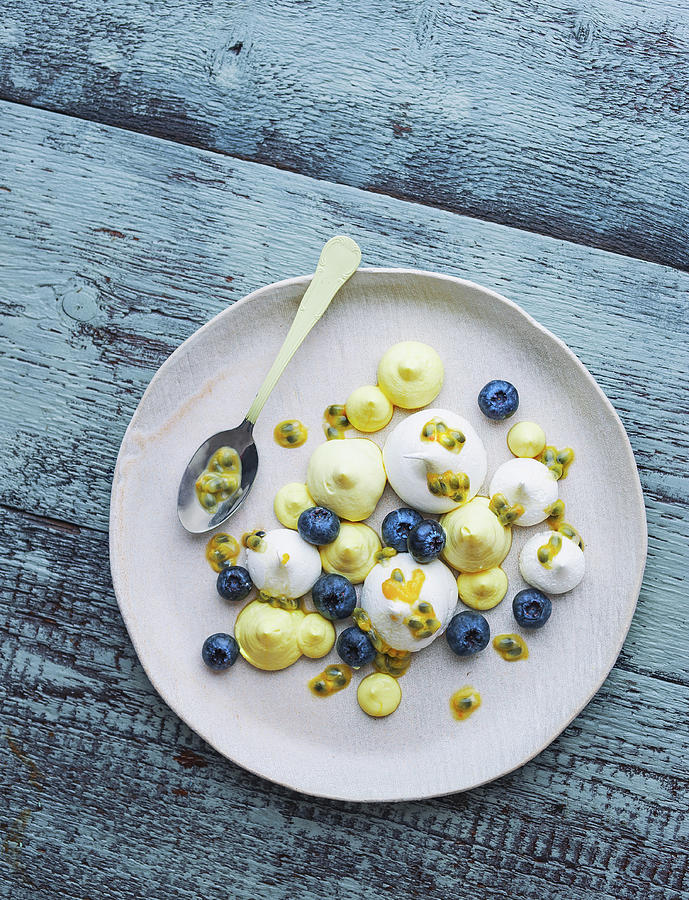 Meringues With Passion Fruit Cream And Fresh Blueberries Photograph by Ira Leoni
