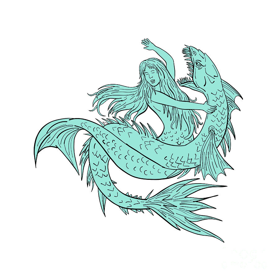 Mermaid Digital Art - Mermaid Grappling With Sea Serpent Drawing Color by Aloysius Patrimonio