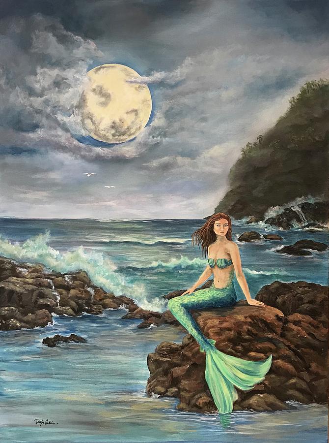 MIDNIGHT COLORS Mermaid Print from Original Painting By Grimshaw beach sea moon 
