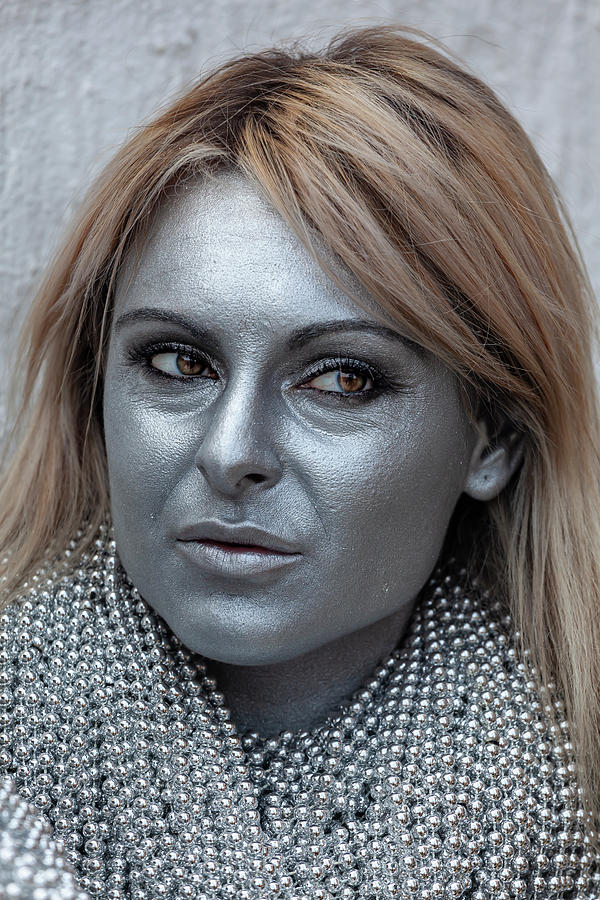 Mermaid Parade Coney Island NYC 6_22_2019 Woman in Silver Full B Photograph by Robert Ullmann