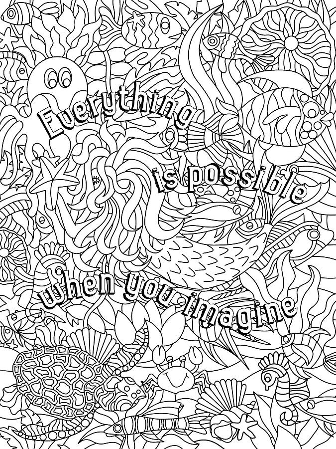 Coloring Drawing - Mermaid Paradise Bw Quote by Kathy G. Ahrens