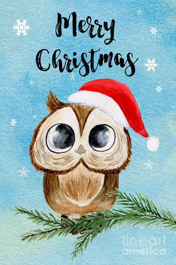 Merry Christmas Watercolor Holiday Owl Art Painting by Anastasia