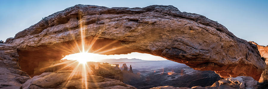 Canyonlands National Park Photograph - Mesa Arch Panoramic Mountain Landscape - Canyonlands Utah Sunrise by Gregory Ballos