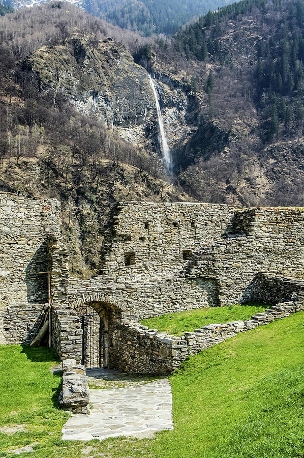 Mesocco Castle Gate with Waterfall Photograph by Dawn Richards