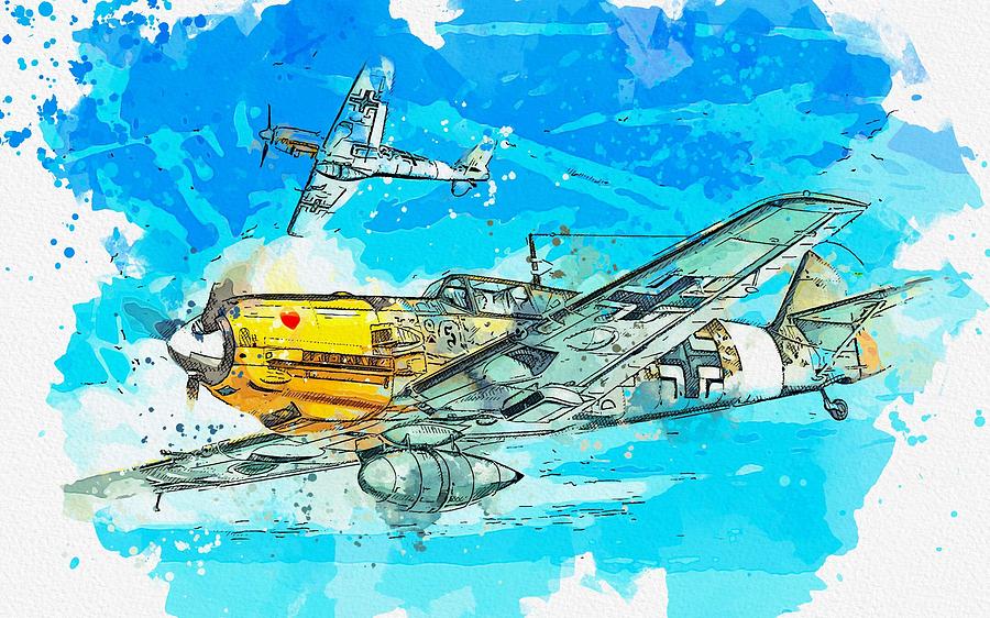 Messerschmitt Bf 109 Wwii German Fighter Jet Watercolor By Ahmet Asar Painting