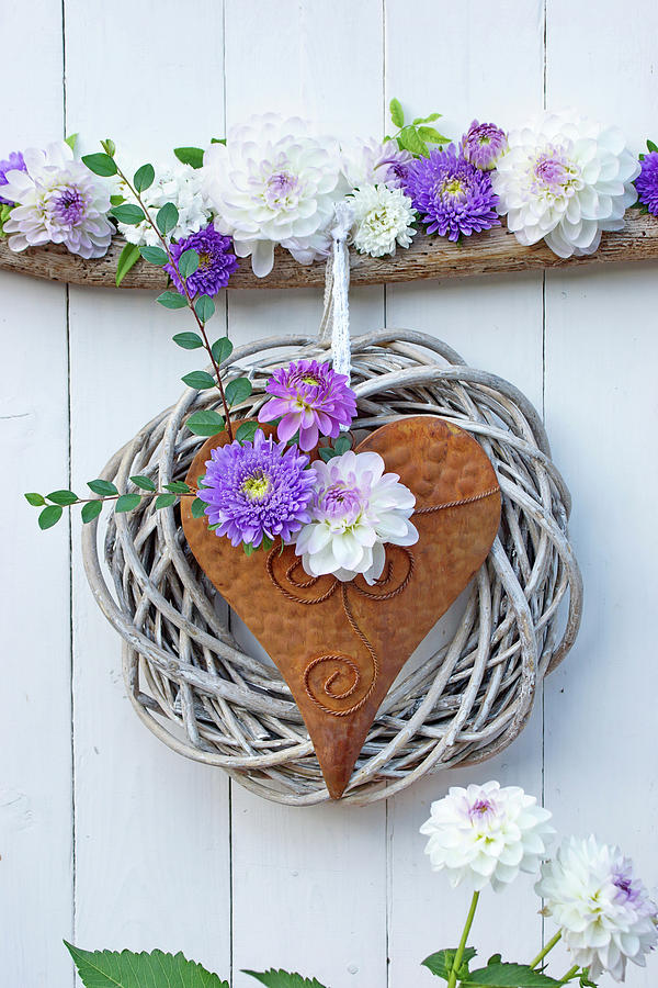 Metal Heart With Wreath, Dahlias And Asters Photograph by Angelica Linnhoff