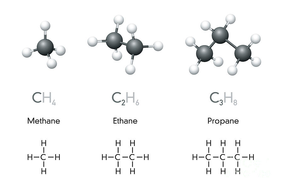Methane Ethane Propane Molecule Models And Chemical Formulas Digital ...