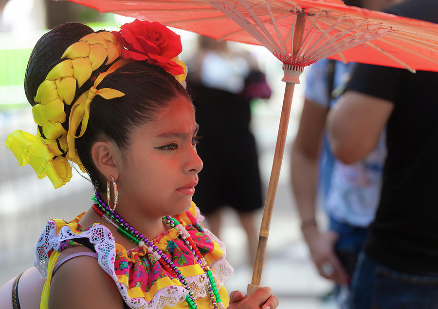 Portrait Photograph - Mexican Day Parade NYC 9_16_2018 Girl with Parasol by Robert Ullmann