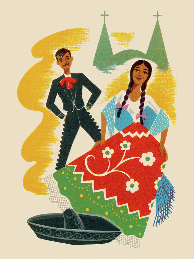 Vintage Drawing - Mexican Hat Dance Couple by CSA Images