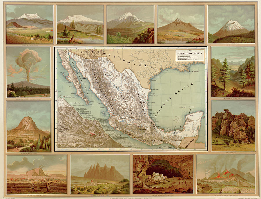 Mexican map of Major Physical Geologic Features- 1885 Painting by Antonio Garcia Cubas