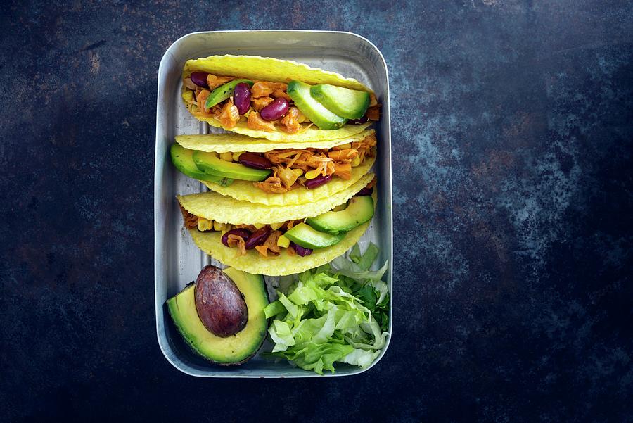 Mexican Tacos With Chopped Jackfruit, Kidney Beans, Corn And Avocado vegan Photograph by Kati Neudert