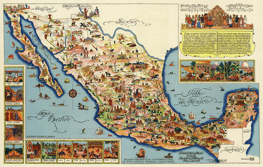 Mexico - Pictorial, Vintage, Old Map Digital Art by Owl Gallery - Pixels