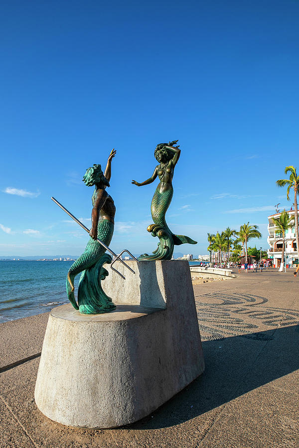 Mexico, Puerto Vallarta, Triton And Siren By Carlos Espino (1990), A Bronze Sculpture On The Malecon, Work Of Jose Ramiz Barquet Digital Art by Claudia Uripos