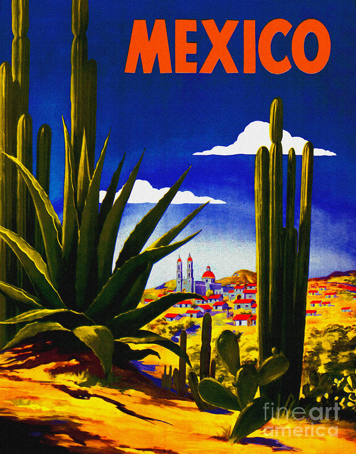 Mexico Saguaro Cactus Vintage Style 1940s Travel Poster 24x36 