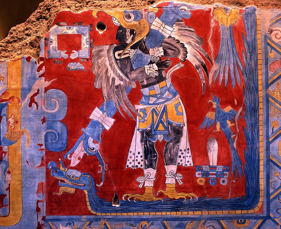 Mexico.Mexico D.F. National Museum of Anthropology. Painting mural. The Bird Man. Culture Cacaxtla. Painting by Album