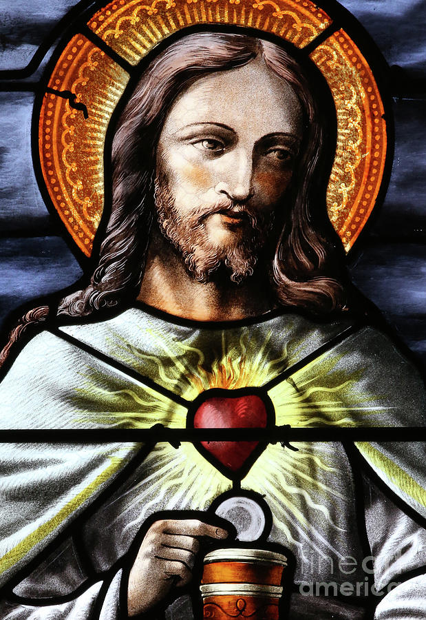 Mezilles church, Stained glass window, The Sacred Heart of Jesus Glass Art by French School