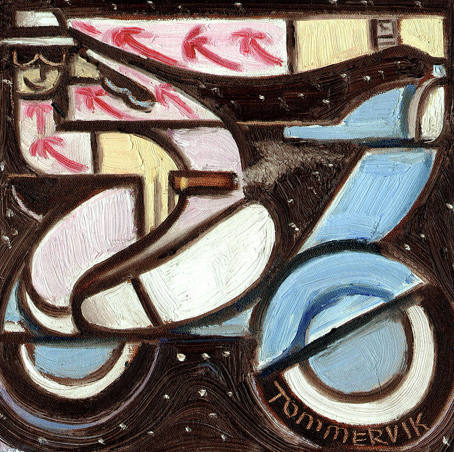 Miami Painting - Miami Beach Man Riding A vespa in Outer Space Art Print by Tommervik Miami Painting - Miami Beach Man Riding A vespa in Outer Space Art Print by Tommervik