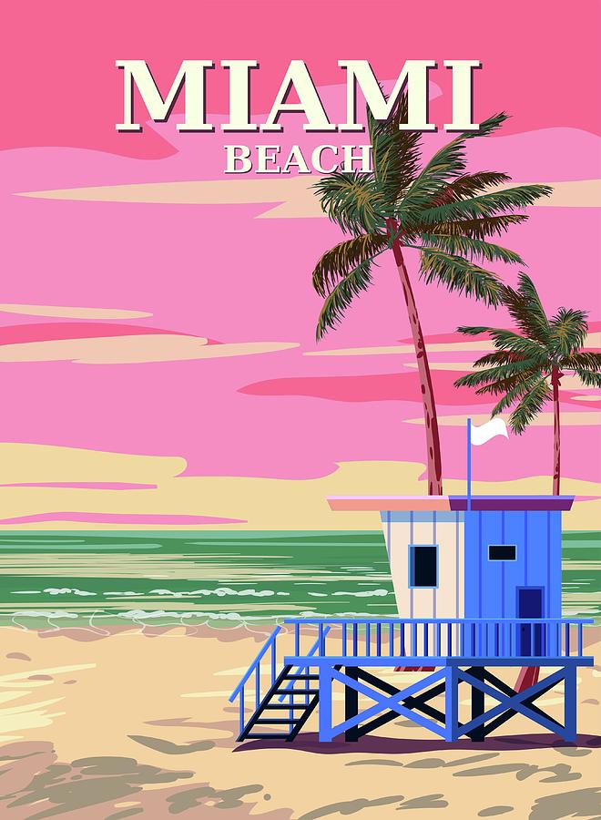 City Digital Art - Miami Beach Retro Poster . Lifeguard by Valerii Khadeiev