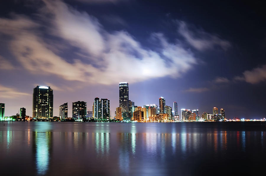 Miami Blue Downtown Skyline At Night Photograph by Jfmdesign