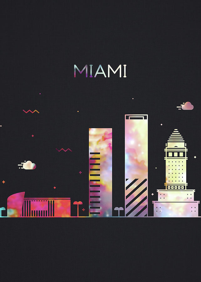 Miami Florida City Skyline Whimsical Fun Tall Dark Series Mixed Media ...