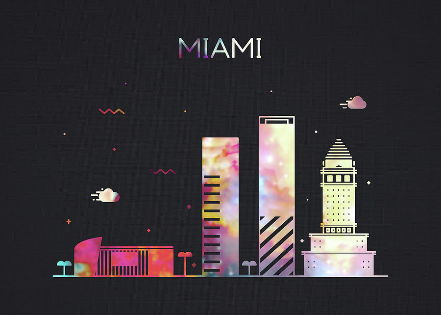 Miami Mixed Media - Miami Florida City Skyline Whimsical Fun Wide Dark by Design Turnpike