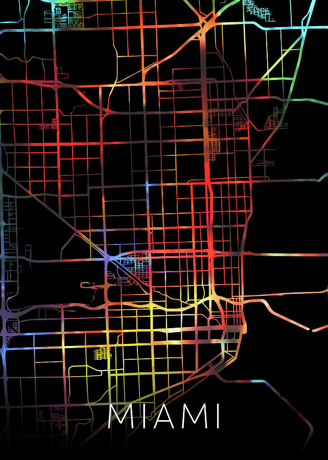 Miami Mixed Media - Miami Florida Watercolor City Street Map Dark Mode by Design Turnpike