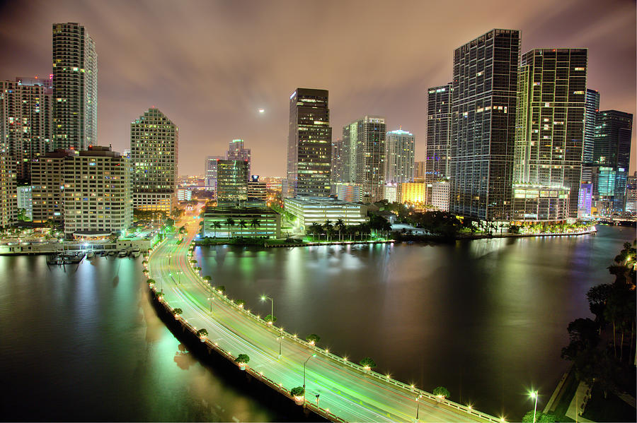 Miami Skyline At Night Photograph by Steve Whiston - Fallen Log Photography