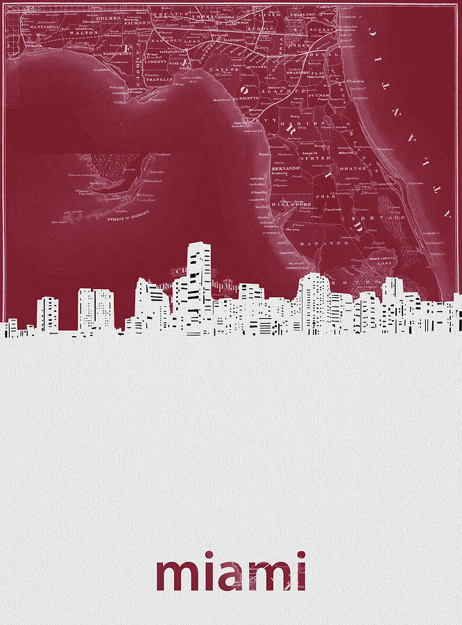 Miami Skyline Map Red Digital Art by Bekim M