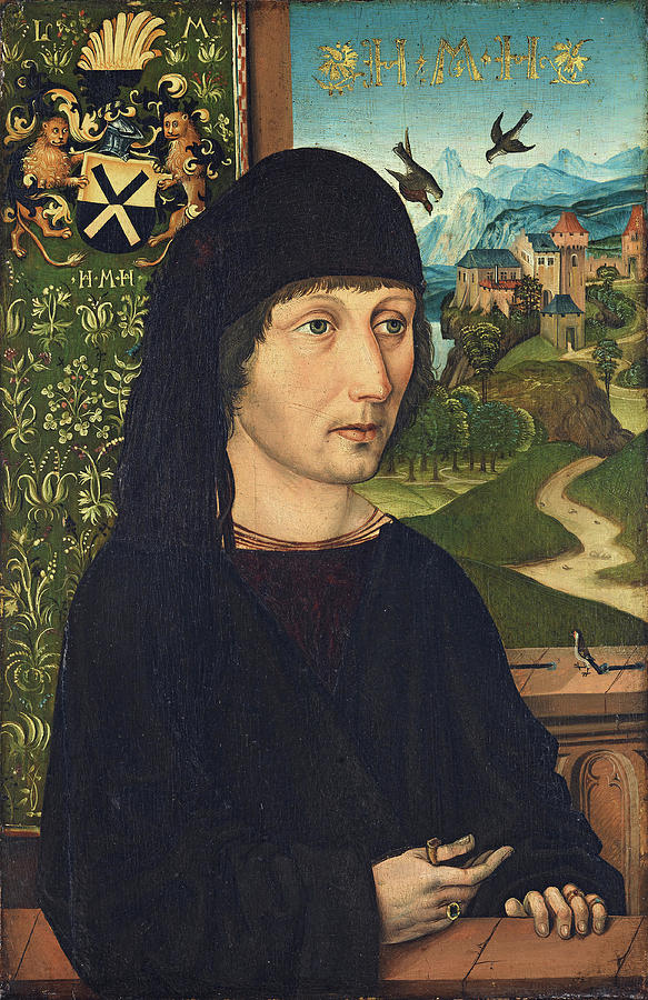 Michael Wolgemut -Nuremberg, 1434/37-1519-. Portrait of Levinus Memminger -ca. 1485-. Oil on pane... Painting by Michael Wolgemut -c 1434-1519-