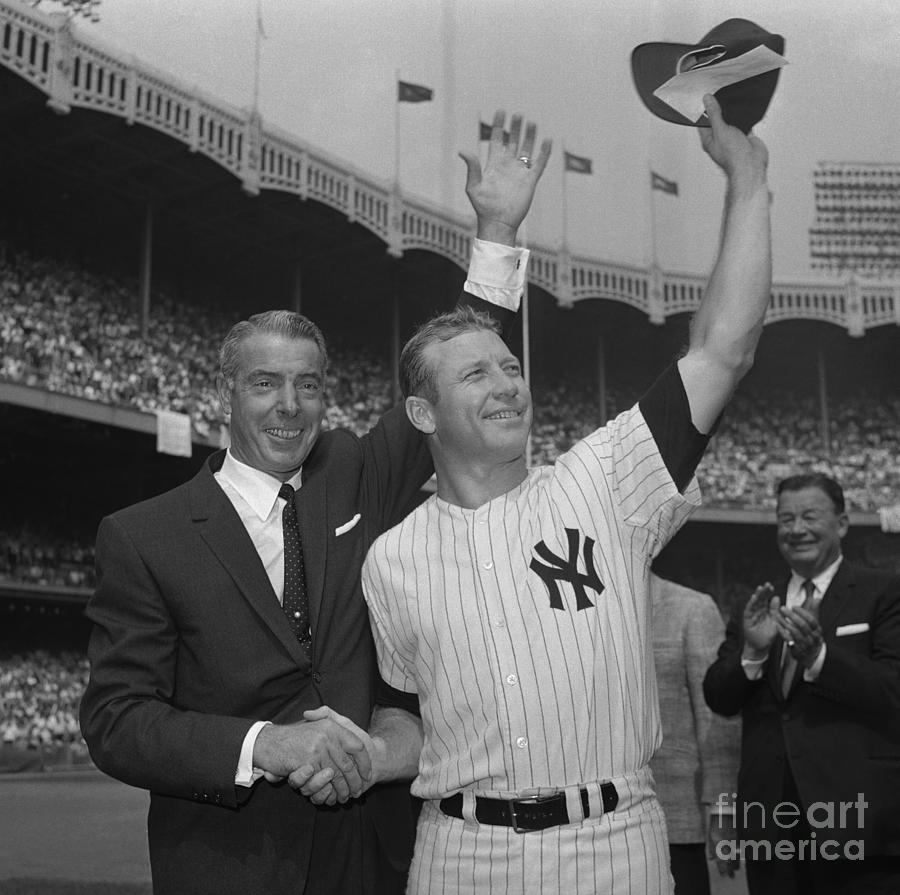 Mickey Mantle And Joe Dimaggio At Hall by Bettmann